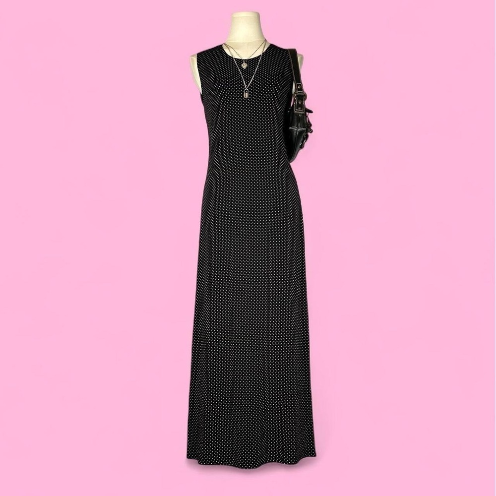 Vintage 90s Pink Black Polka Dot Sleeveless Maxi Dress Coquette Womens S/M
